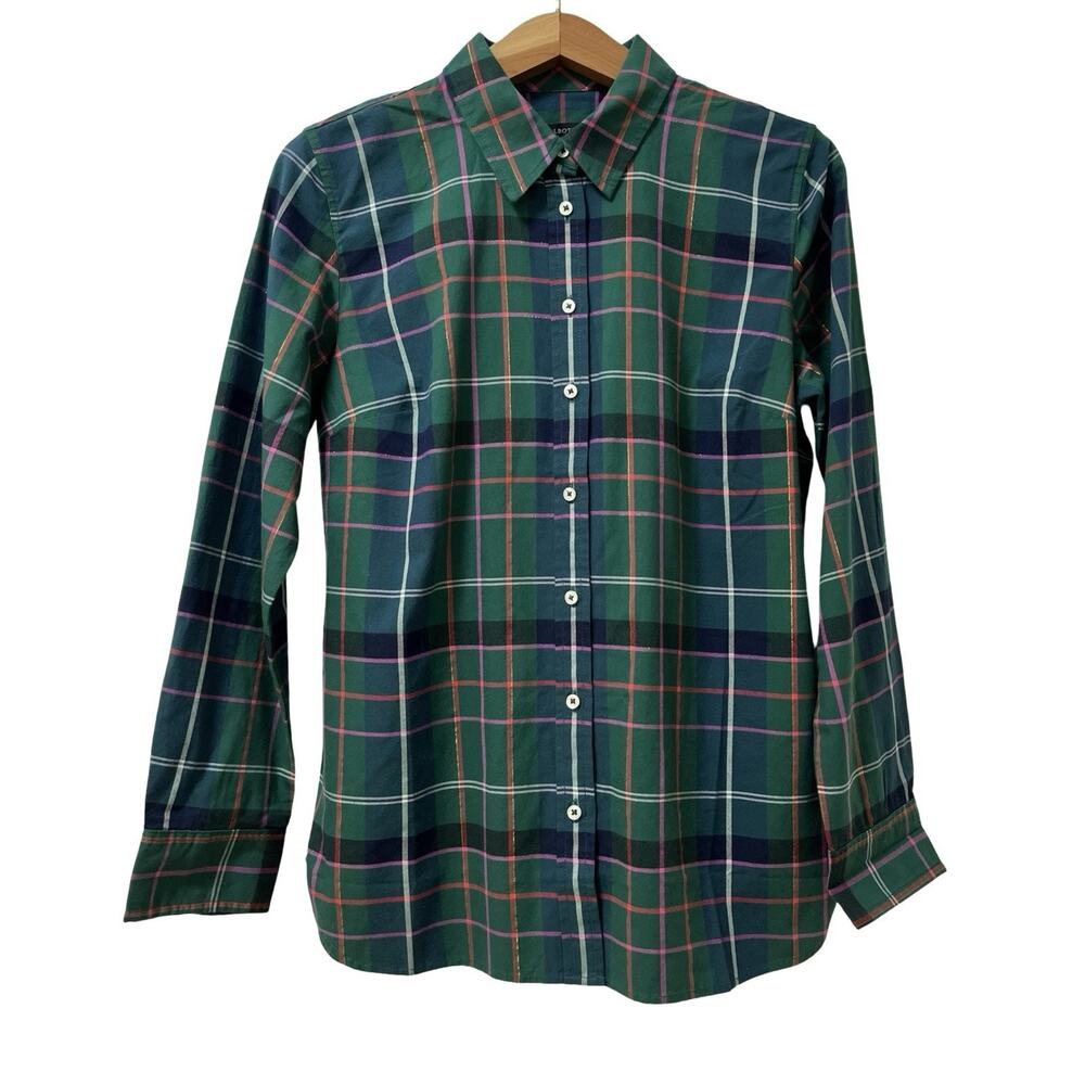 TALBOTS Womens Plaid Metallic Long Sleeve Button Down Shirt Size M Green Holiday